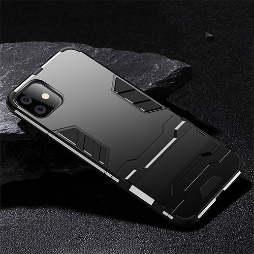 Silicone Matte Finish and Plastic Back Cover Case with Stand R02 for Apple iPhone 11 Black