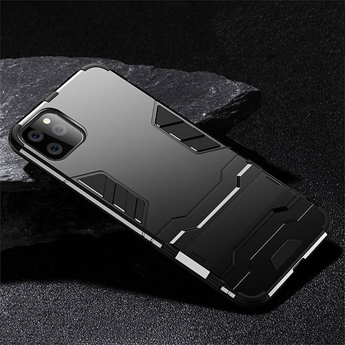 Silicone Matte Finish and Plastic Back Cover Case with Stand R02 for Apple iPhone 11 Pro Black