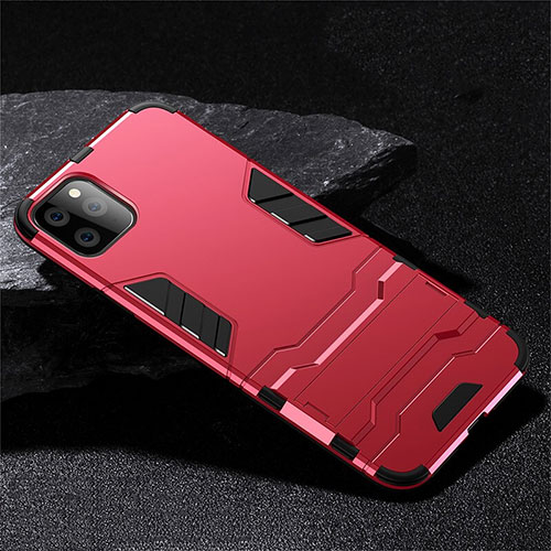 Silicone Matte Finish and Plastic Back Cover Case with Stand R02 for Apple iPhone 11 Pro Max Red