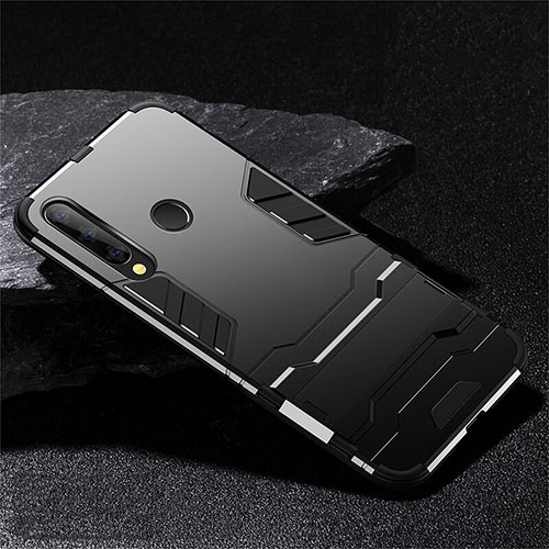 Silicone Matte Finish and Plastic Back Cover Case with Stand R02 for Huawei Honor 20E Black