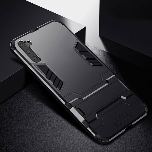 Silicone Matte Finish and Plastic Back Cover Case with Stand R02 for Samsung Galaxy Note 10 5G Black