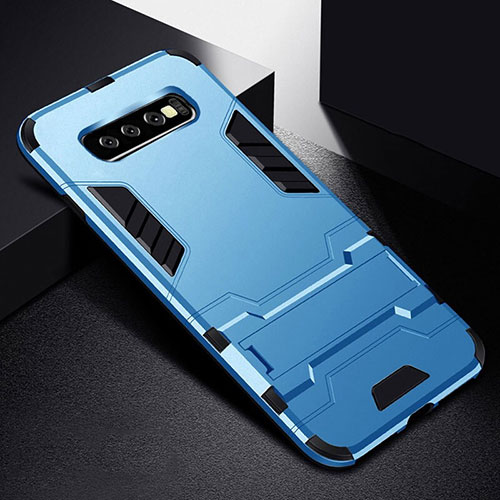 Silicone Matte Finish and Plastic Back Cover Case with Stand R02 for Samsung Galaxy S10 Blue