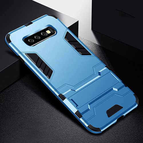 Silicone Matte Finish and Plastic Back Cover Case with Stand R02 for Samsung Galaxy S10 Plus Sky Blue