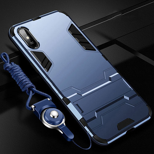 Silicone Matte Finish and Plastic Back Cover Case with Stand R02 for Xiaomi Redmi 9AT Blue