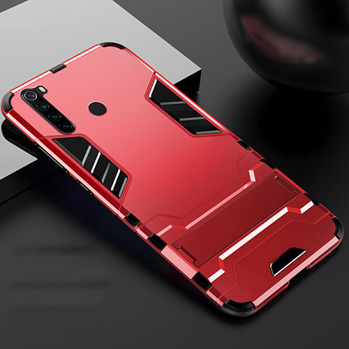 Silicone Matte Finish and Plastic Back Cover Case with Stand R02 for Xiaomi Redmi Note 8 Red