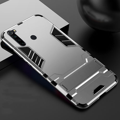 Silicone Matte Finish and Plastic Back Cover Case with Stand R02 for Xiaomi Redmi Note 8 Silver