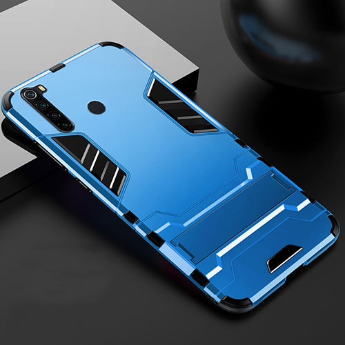 Silicone Matte Finish and Plastic Back Cover Case with Stand R02 for Xiaomi Redmi Note 8 Sky Blue