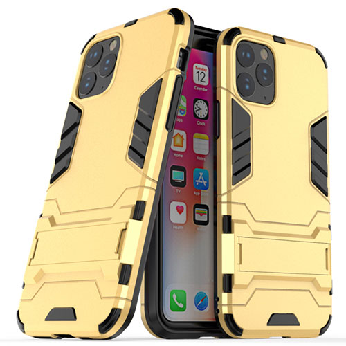 Silicone Matte Finish and Plastic Back Cover Case with Stand R03 for Apple iPhone 11 Pro Gold