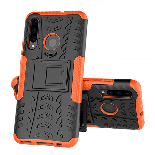 Silicone Matte Finish and Plastic Back Cover Case with Stand R03 for Huawei Honor 20 Lite Orange