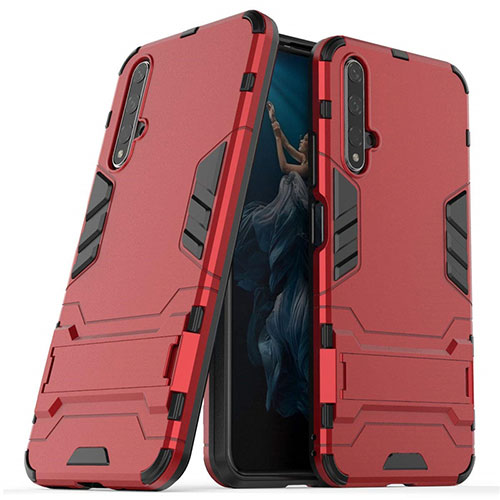 Silicone Matte Finish and Plastic Back Cover Case with Stand R03 for Huawei Honor 20 Red
