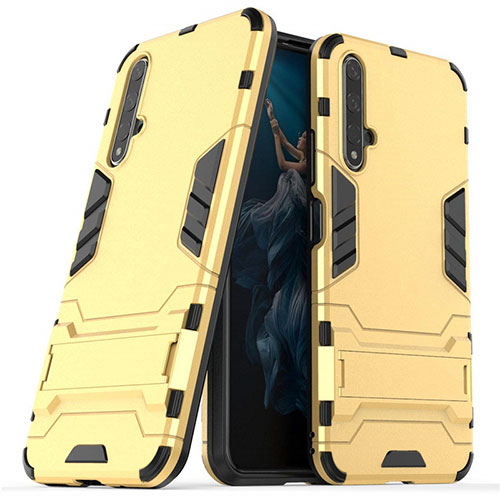 Silicone Matte Finish and Plastic Back Cover Case with Stand R03 for Huawei Honor 20S Gold