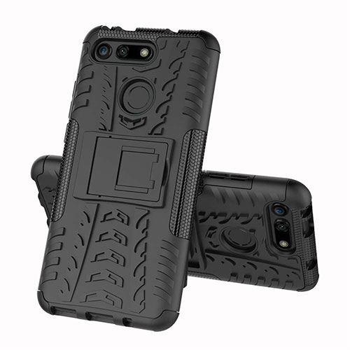 Silicone Matte Finish and Plastic Back Cover Case with Stand R03 for Huawei Honor V20 Black