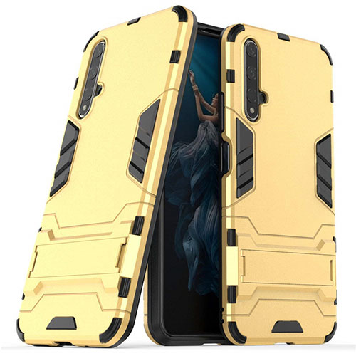 Silicone Matte Finish and Plastic Back Cover Case with Stand R03 for Huawei Nova 5T Gold