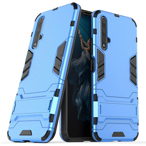 Silicone Matte Finish and Plastic Back Cover Case with Stand R03 for Huawei Nova 5T Sky Blue