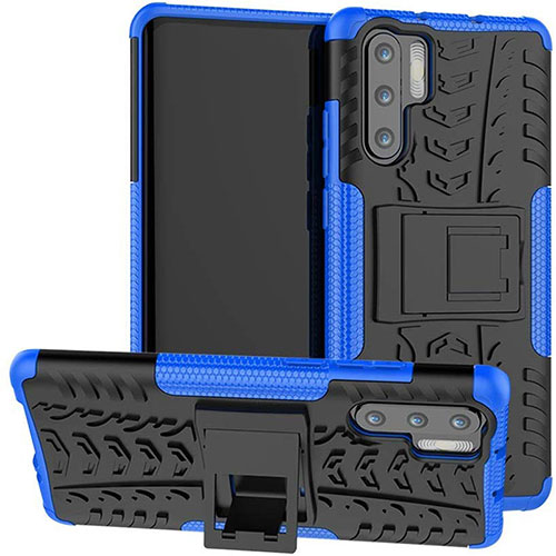 Silicone Matte Finish and Plastic Back Cover Case with Stand R03 for Huawei P30 Pro Blue