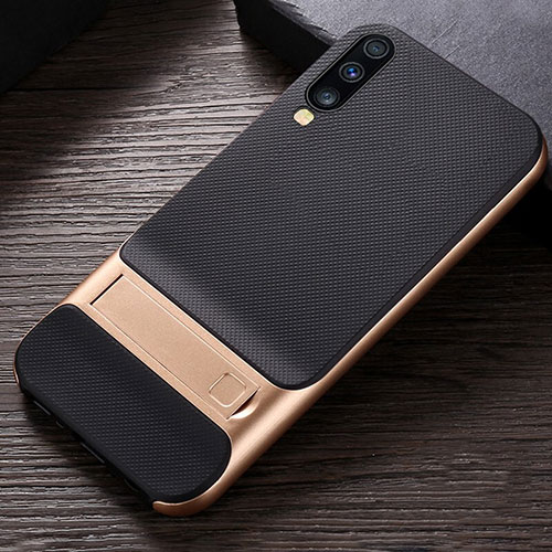 Silicone Matte Finish and Plastic Back Cover Case with Stand R03 for Samsung Galaxy A70 Gold