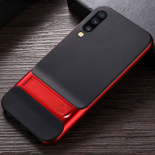 Silicone Matte Finish and Plastic Back Cover Case with Stand R03 for Samsung Galaxy A70 Red
