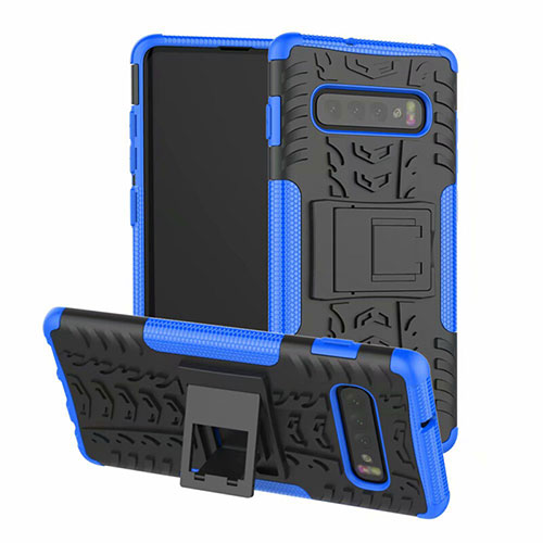 Silicone Matte Finish and Plastic Back Cover Case with Stand R03 for Samsung Galaxy S10 Plus Blue