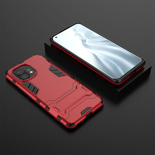 Silicone Matte Finish and Plastic Back Cover Case with Stand R03 for Xiaomi Mi 11 5G Red