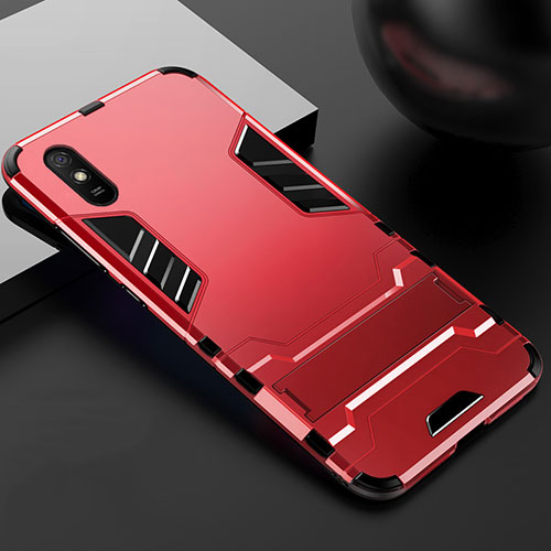 Silicone Matte Finish and Plastic Back Cover Case with Stand R03 for Xiaomi Redmi 9AT Red