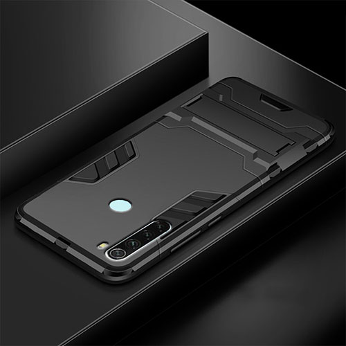 Silicone Matte Finish and Plastic Back Cover Case with Stand R03 for Xiaomi Redmi Note 8 (2021) Black
