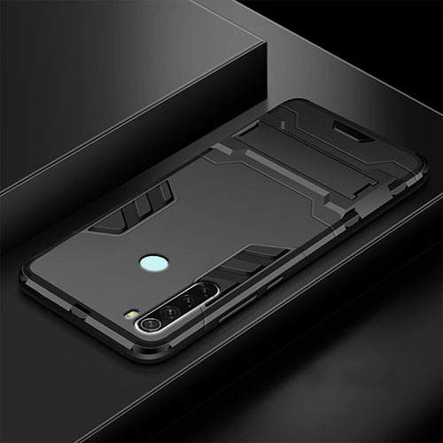 Silicone Matte Finish and Plastic Back Cover Case with Stand R03 for Xiaomi Redmi Note 8 Black