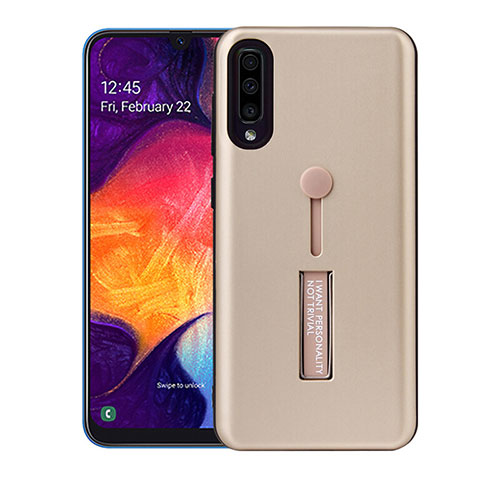 Silicone Matte Finish and Plastic Back Cover Case with Stand R04 for Samsung Galaxy A90 5G Gold