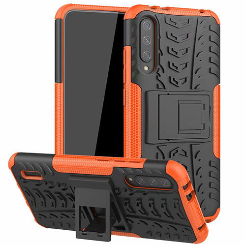 Silicone Matte Finish and Plastic Back Cover Case with Stand R04 for Xiaomi Mi A3 Orange