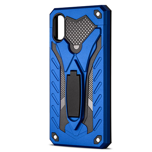 Silicone Matte Finish and Plastic Back Cover Case with Stand R04 for Xiaomi Redmi 9AT Blue