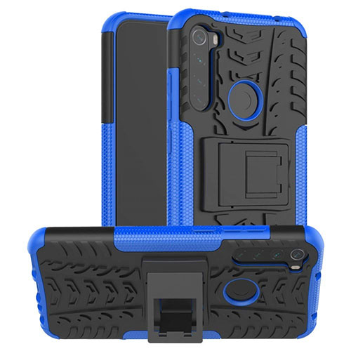 Silicone Matte Finish and Plastic Back Cover Case with Stand R06 for Xiaomi Redmi Note 8 Blue
