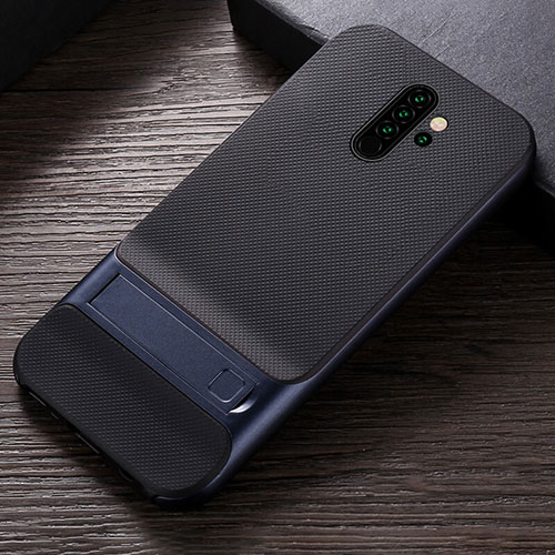 Silicone Matte Finish and Plastic Back Cover Case with Stand R06 for Xiaomi Redmi Note 8 Pro Blue