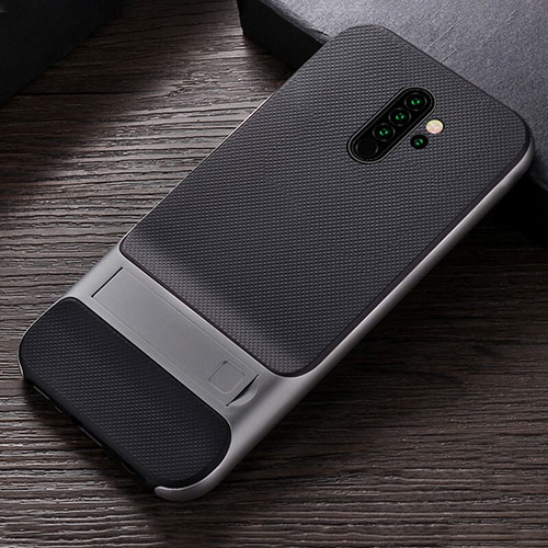 Silicone Matte Finish and Plastic Back Cover Case with Stand R06 for Xiaomi Redmi Note 8 Pro Gray
