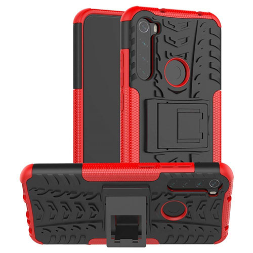 Silicone Matte Finish and Plastic Back Cover Case with Stand R06 for Xiaomi Redmi Note 8 Red