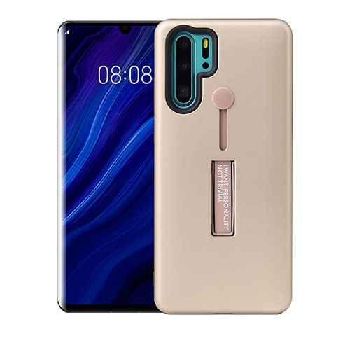 Silicone Matte Finish and Plastic Back Cover Case with Stand T01 for Huawei P30 Pro Gold