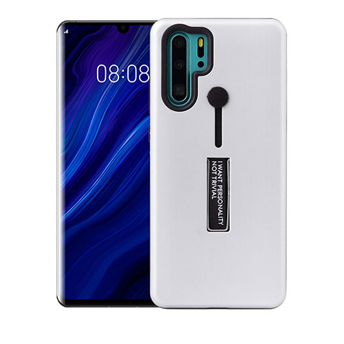 Silicone Matte Finish and Plastic Back Cover Case with Stand T01 for Huawei P30 Pro White