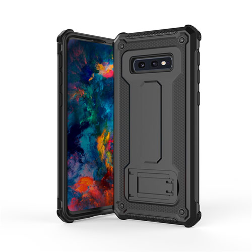 Silicone Matte Finish and Plastic Back Cover Case with Stand T01 for Samsung Galaxy S10e Black