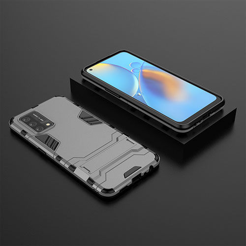 Silicone Matte Finish and Plastic Back Cover Case with Stand T02 for Oppo F19s Gray