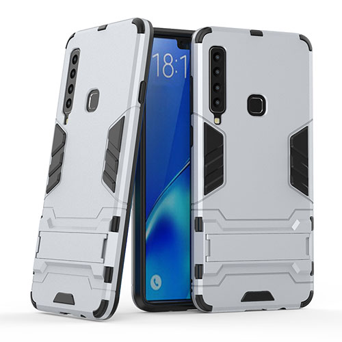 Silicone Matte Finish and Plastic Back Cover Case with Stand T03 for Samsung Galaxy A9 (2018) A920 Silver