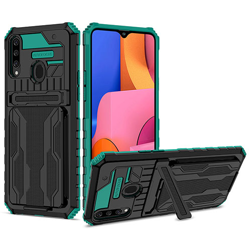 Silicone Matte Finish and Plastic Back Cover Case with Stand YF1 for Samsung Galaxy A20s Green