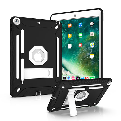 Silicone Matte Finish and Plastic Back Cover Case with Stand YJ1 for Apple iPad 10.2 (2020) Black