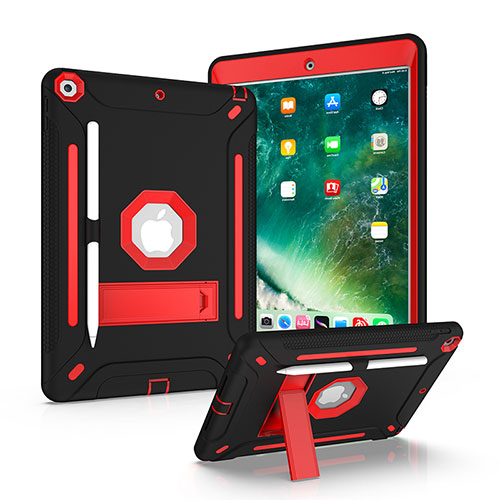 Silicone Matte Finish and Plastic Back Cover Case with Stand YJ1 for Apple iPad 10.2 (2020) Red and Black