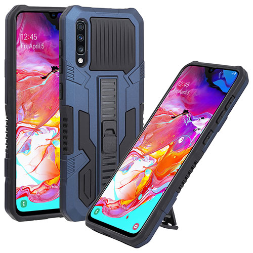 Silicone Matte Finish and Plastic Back Cover Case with Stand ZJ1 for Samsung Galaxy A70 Blue