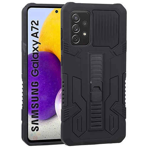 Silicone Matte Finish and Plastic Back Cover Case with Stand ZJ1 for Samsung Galaxy A72 5G Black