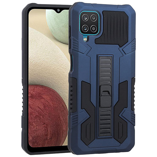 Silicone Matte Finish and Plastic Back Cover Case with Stand ZJ1 for Samsung Galaxy F12 Blue