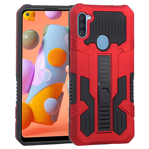 Silicone Matte Finish and Plastic Back Cover Case with Stand ZJ1 for Samsung Galaxy M11 Red