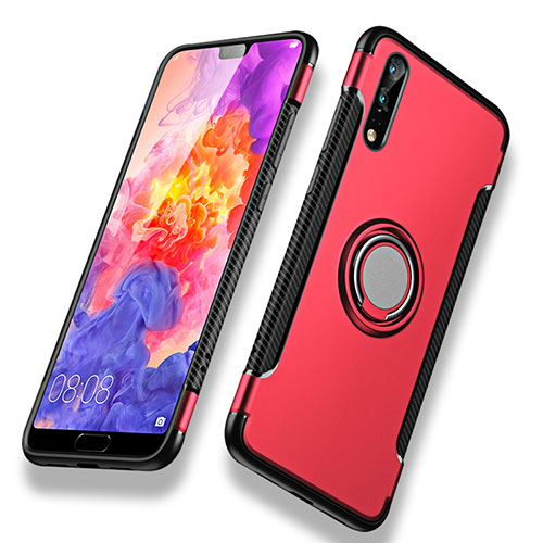 Silicone Matte Finish and Plastic Back Cover with Finger Ring Stand for Huawei P20 Red