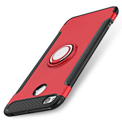 Silicone Matte Finish and Plastic Back Cover with Finger Ring Stand for Xiaomi Redmi 3S Prime Red