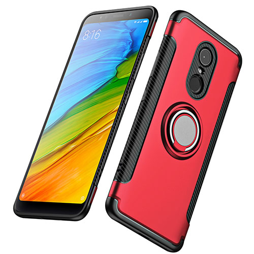 Silicone Matte Finish and Plastic Back Cover with Finger Ring Stand for Xiaomi Redmi 5 Plus Red