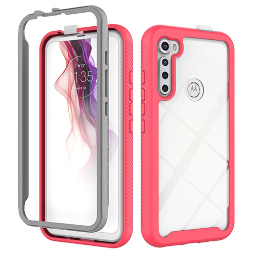 Silicone Transparent Frame Case Cover 360 Degrees for Motorola Moto One Fusion Plus Hot Pink