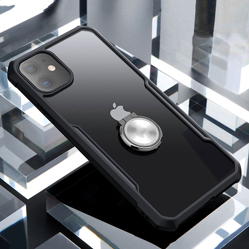 Silicone Transparent Mirror Frame Case 360 Degrees with Magnetic Finger Ring Stand for Apple iPhone 11 Black